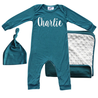 Rocket Bug 'Lush' PERSONALIZED GIFT SET- Silky Long Sleeve Baby Romper, Matching Blanket, and Hat or Headband