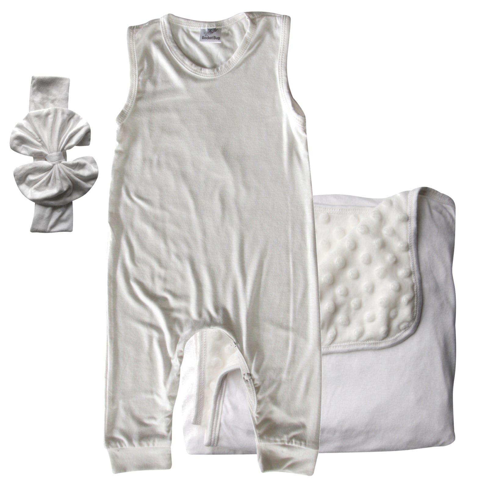 Rocket Bug GIFT SET- Sleeveless Romper, Matching Blanket, and Hat or Headband for Boys and Girls-Gender Neutral