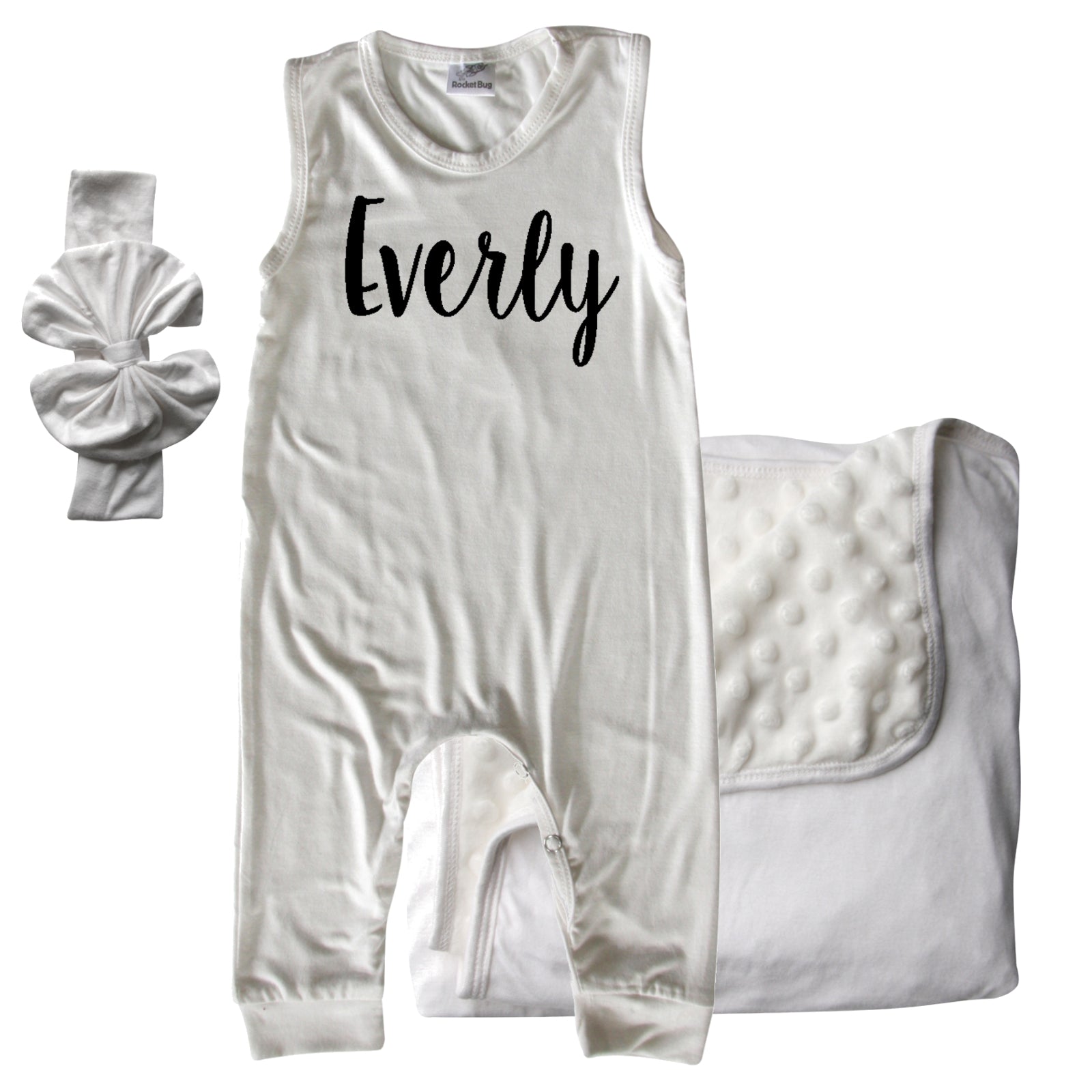 Rocket Bug GIFT SET- Lush Personalized Sleeveless Romper, Matching Blanket, and Hat or Headband for Boys and Girls-Gender Neutral