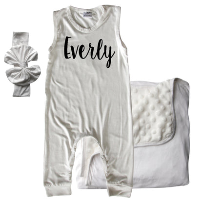 Rocket Bug GIFT SET- Lush Personalized Sleeveless Romper, Matching Blanket, and Hat or Headband for Boys and Girls-Gender Neutral