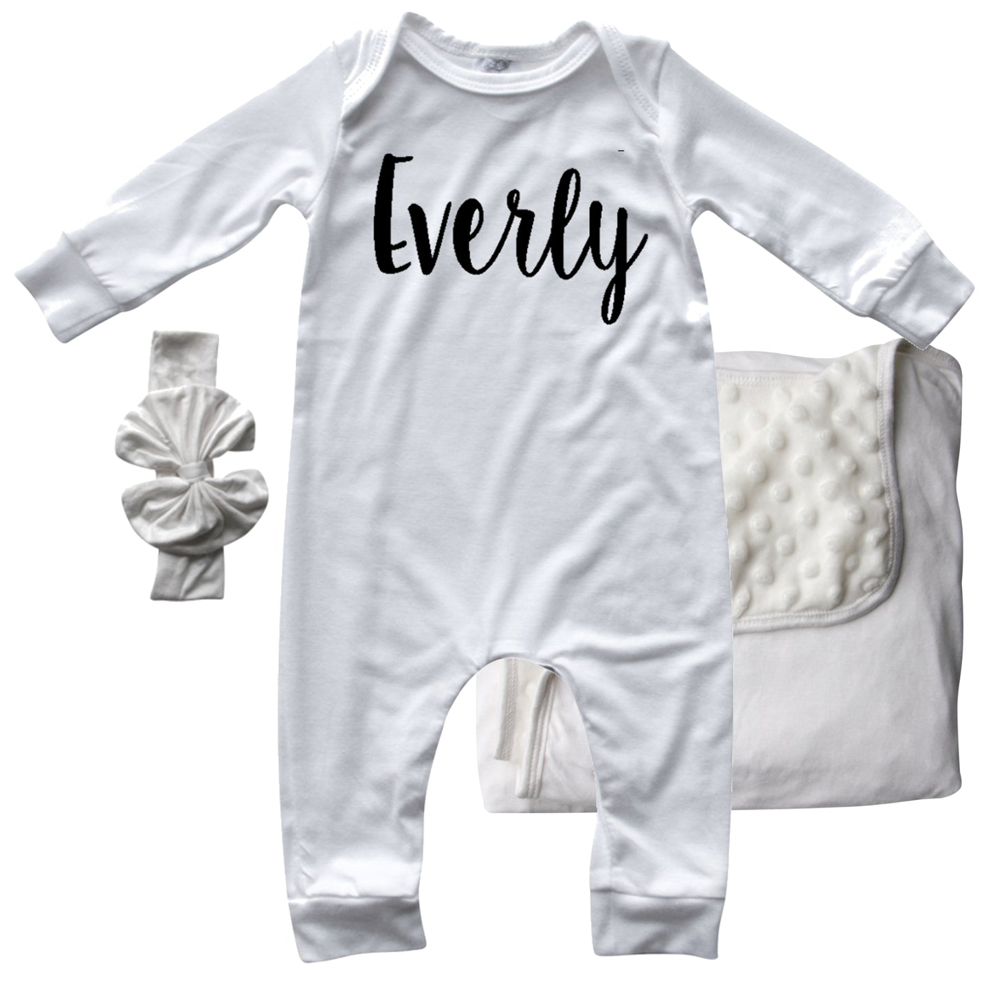 Rocket Bug 'Lush' PERSONALIZED GIFT SET- Silky Long Sleeve Baby Romper, Matching Blanket, and Hat or Headband