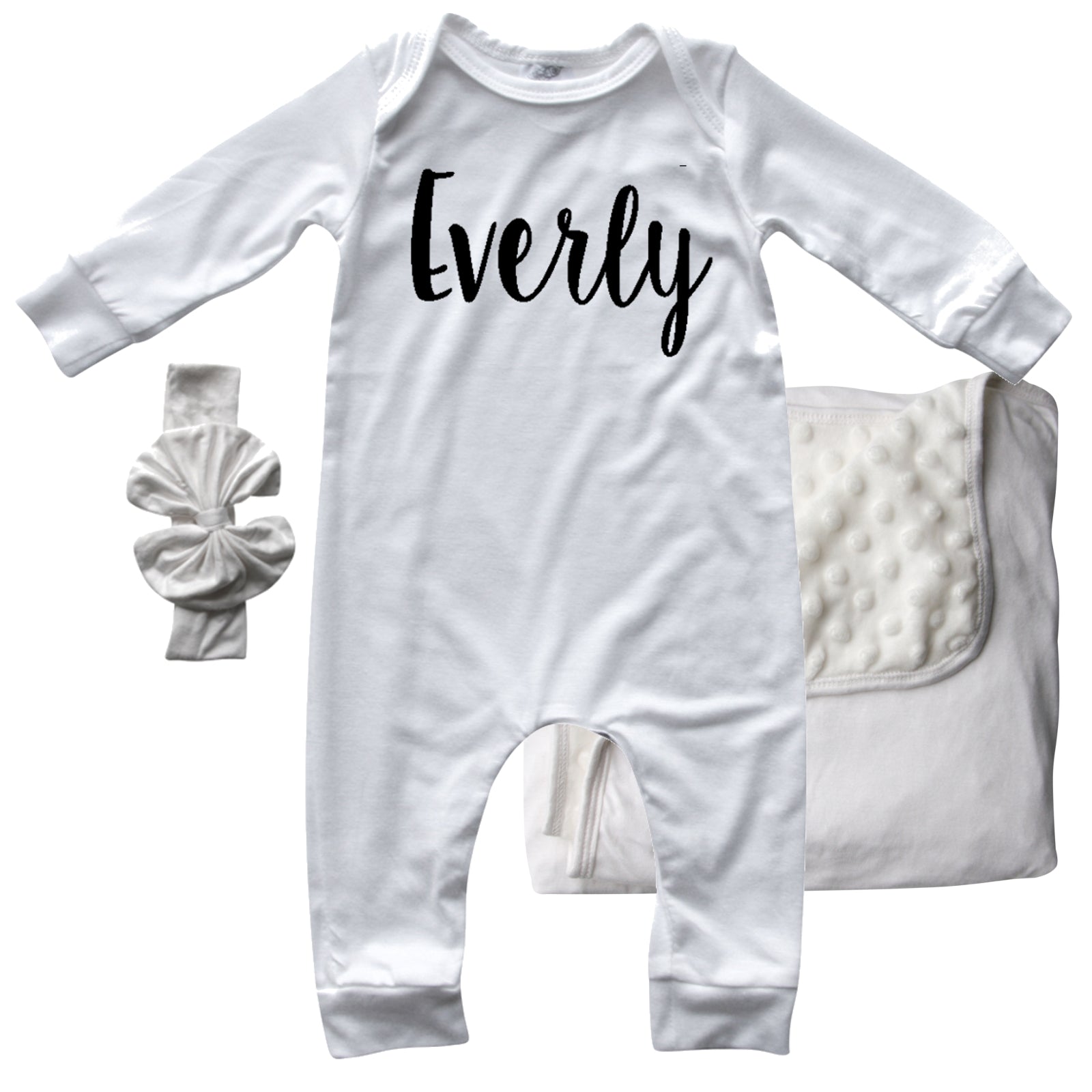Rocket Bug 'Lush' PERSONALIZED GIFT SET- Silky Long Sleeve Baby Romper, Matching Blanket, and Hat or Headband