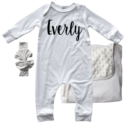 Rocket Bug 'Lush' PERSONALIZED GIFT SET- Silky Long Sleeve Baby Romper, Matching Blanket, and Hat or Headband
