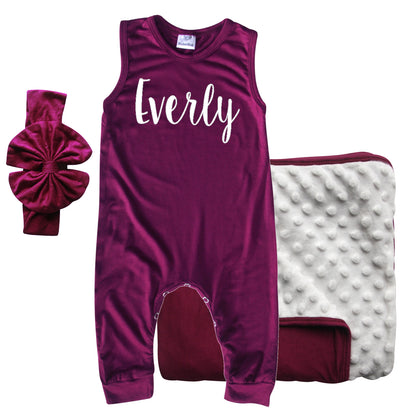 Rocket Bug GIFT SET- Lush Personalized Sleeveless Romper, Matching Blanket, and Hat or Headband for Boys and Girls-Gender Neutral