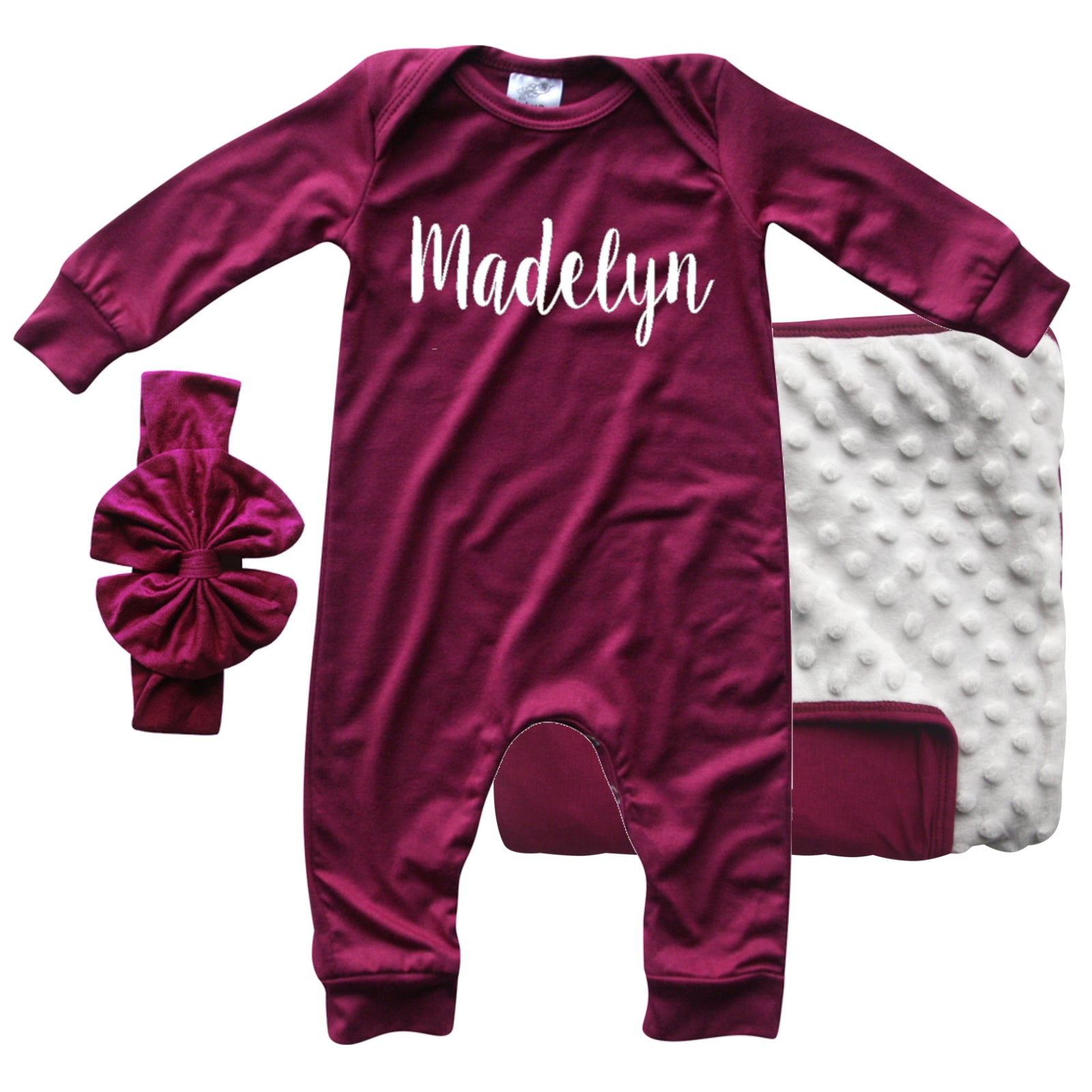 Rocket Bug 'Lush' PERSONALIZED GIFT SET- Silky Long Sleeve Baby Romper, Matching Blanket, and Hat or Headband