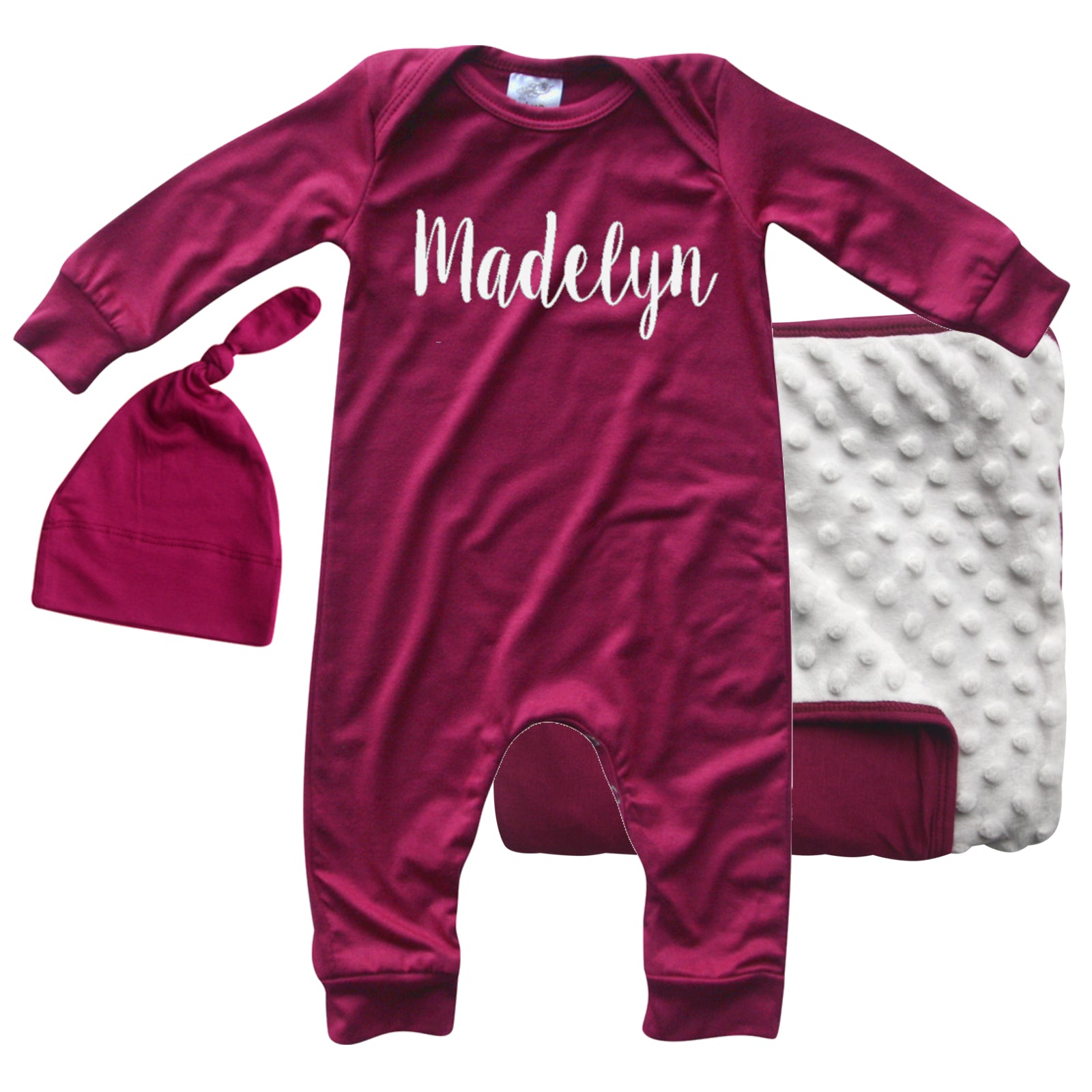 Rocket Bug 'Lush' PERSONALIZED GIFT SET- Silky Long Sleeve Baby Romper, Matching Blanket, and Hat or Headband