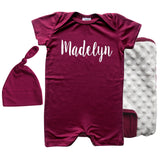 Rocket Bug 'Lush' PERSONALIZED GIFT SET- Silky Shorts Baby Romper, Matching Blanket, and Hat or Headband for Boys and Girls-Gender Neutral