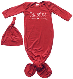 'Heart & Arrow' Silky Knotted Baby Gown with Personalized Knotted Hat