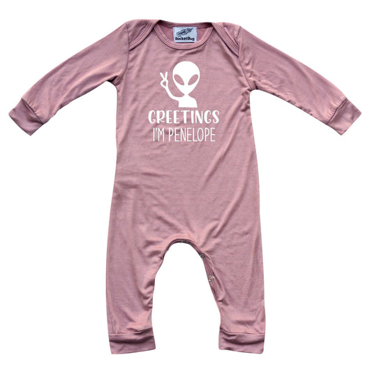 Greetings Alien Personalized Custom Silky Long Sleeve Baby Romper