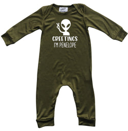 Greetings Alien Personalized Custom Silky Long Sleeve Baby Romper for Boys and Girls-Gender Neutral