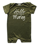 Hello My Name Is  Silky Shorts Romper + Headband-Unisex, Boys, & Girls, Infant Sleeper