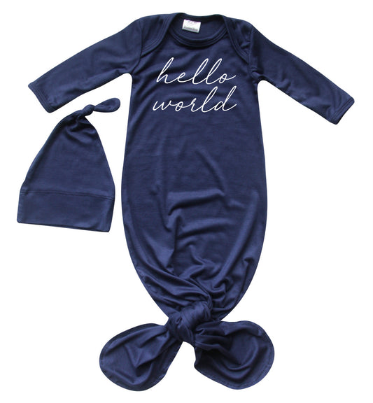 "Hello World" Silky Knotted Baby Gown with Knotted Hat for Boys & Girls