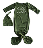 Rocket Bug "Hello World Script" Silky Knotted Baby Gown with Knotted Hat, Unisex, Boys, & Girls, Infant Sleeper
