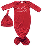 "Hello World" Silky Knotted Baby Gown with Knotted Hat for Boys & Girls