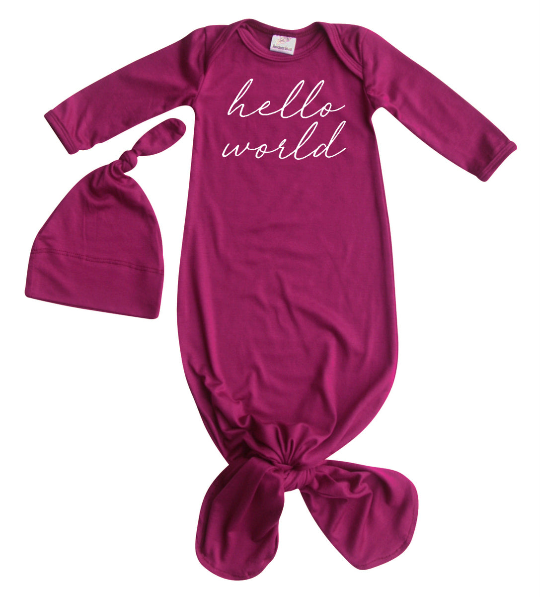 "Hello World" Silky Knotted Baby Gown with Knotted Hat for Boys & Girls