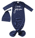 Initial Personalized Silky Knotted Baby Gown with Match Knotted Hat for Boys & Girls
