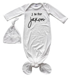 Initial Personalized Silky Knotted Baby Gown with Match Knotted Hat for Boys & Girls
