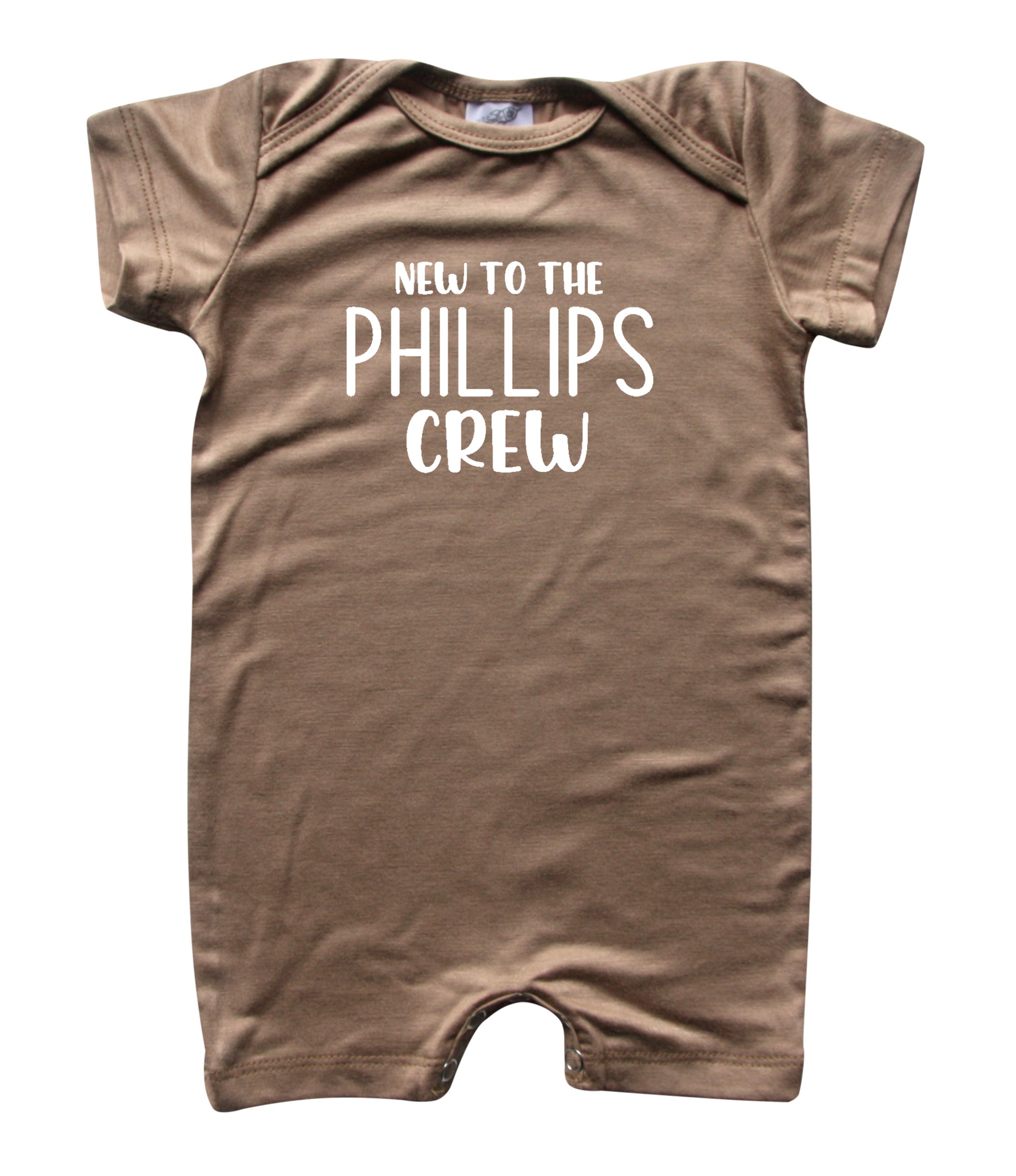 New to the Crew Personalized Family Silky Baby Romper Shorts for Boys and Girls Light Brown
