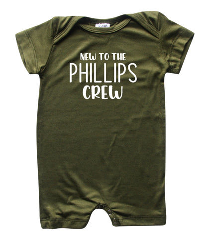 New to the Crew Personalized Family Silky Baby Romper Shorts for Boys and Girls Olive