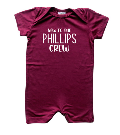 New to the Crew Personalized Family Silky Baby Romper Shorts for Boys and Girls Wine