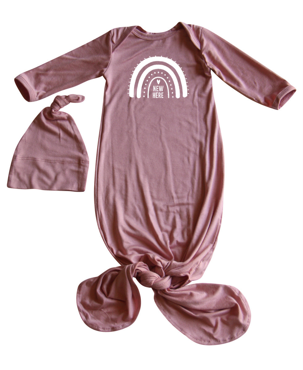 New Here Rainbow Silky Knotted Baby Gown with Knotted Hat