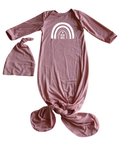 New Here Rainbow Silky Knotted Baby Gown with Knotted Hat, Unisex, Boys, & Girls, Infant Sleeper