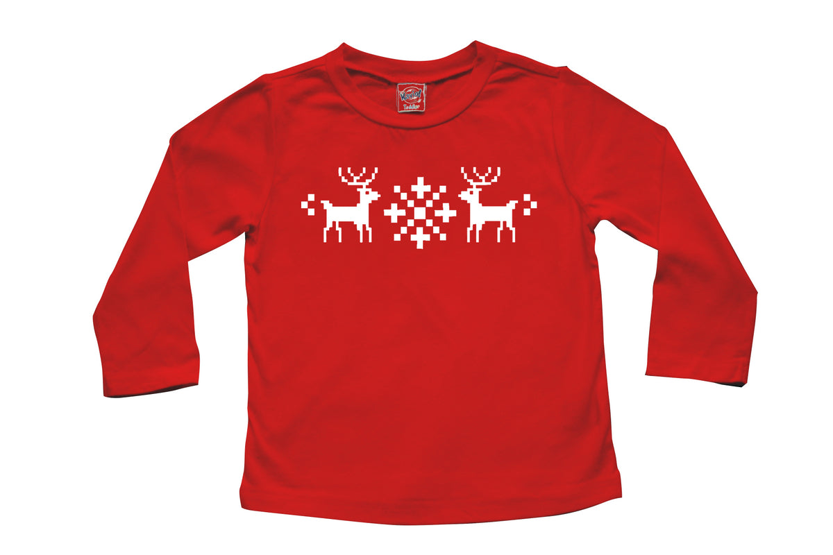 Holiday Christmas Nordic Reindeer- Baby, Toddler, and Big Kids Long Sleeve T-Shirt Red