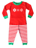 Holiday Christmas Red & White Striped Graphic Pajamas with Green Trim for Babies, Toddlers, & Big Kids