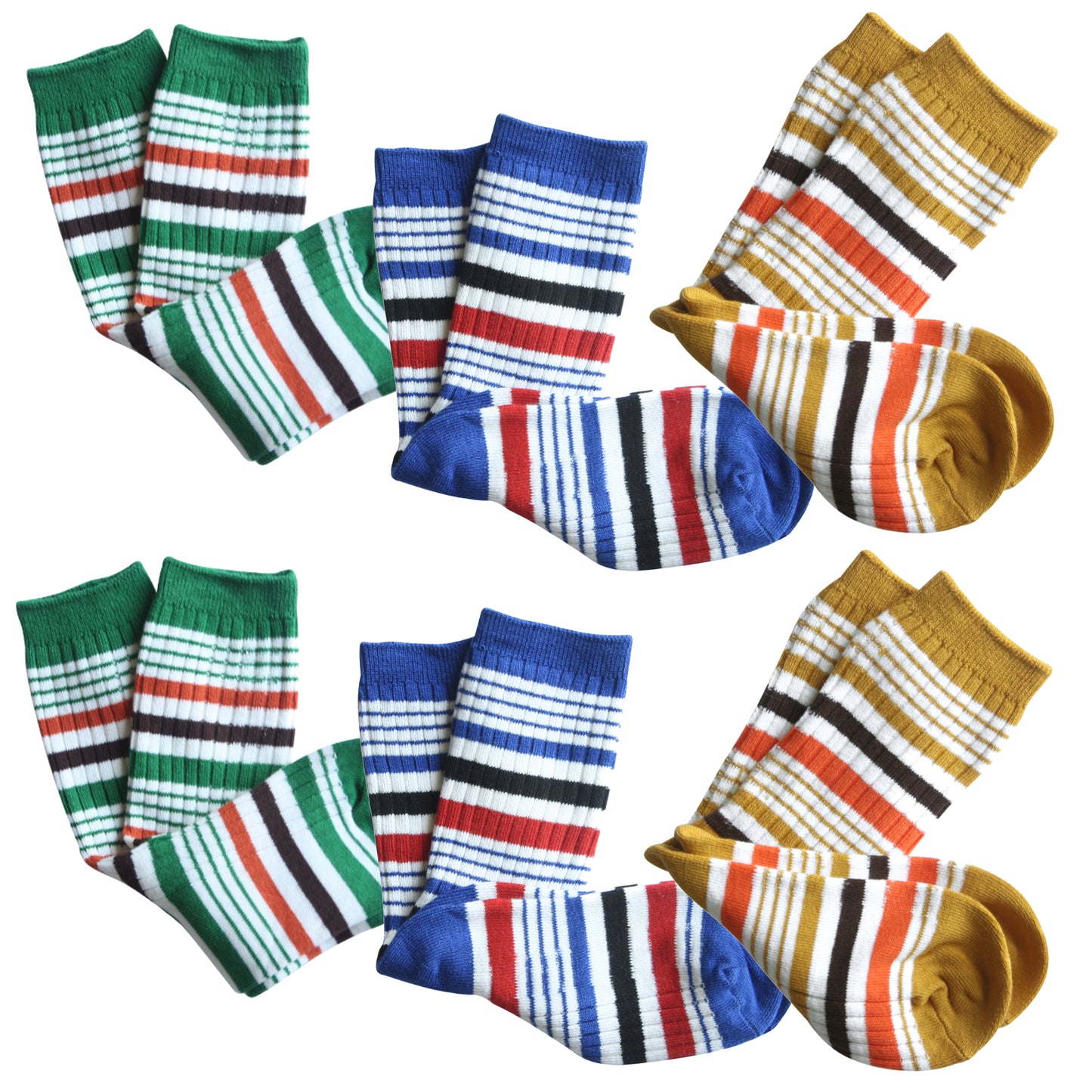 Rocket Bug Stripe Knit Crew Sock Set for Toddlers and Kids (6 pairs) - Unisex, Boys, Girls