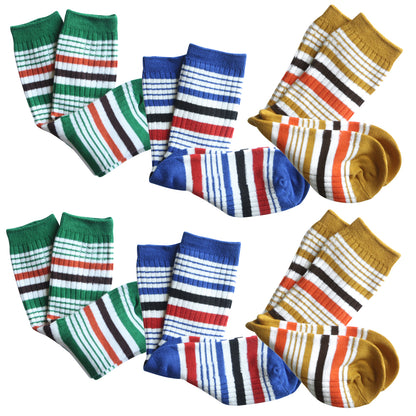 Rocket Bug Stripe Knit Crew Sock Set for Toddlers and Kids (6 pairs) - Unisex, Boys, Girls