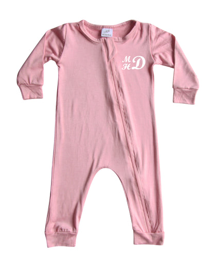 Personalized Initial Silky Long Sleeve Zipper Baby Romper